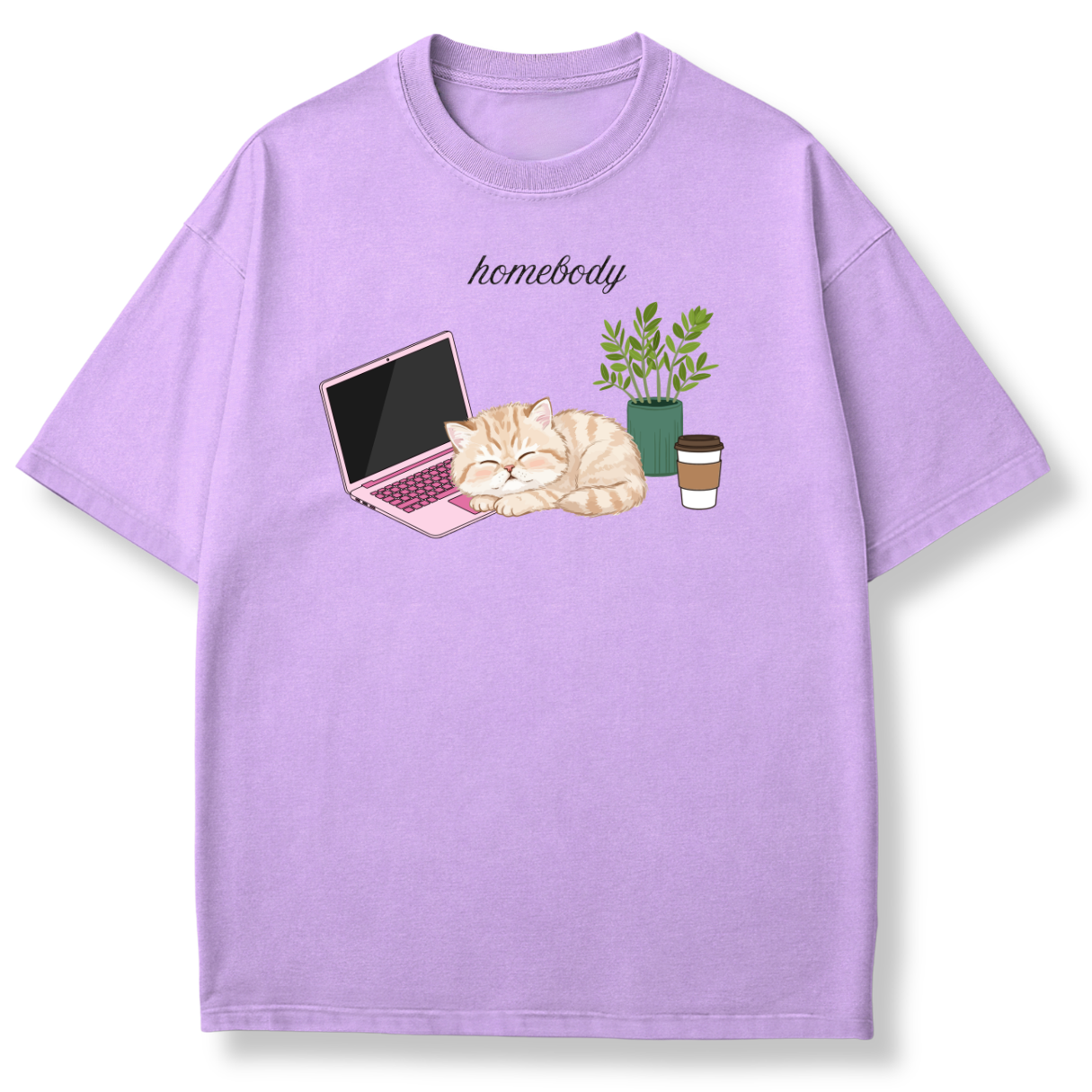 A lavender purple short-sleeve t-shirt with a graphic of a sleeping orange tabby cat on a pink laptop next to a potted plant and a coffee cup, with the word 'homebody' printed above.