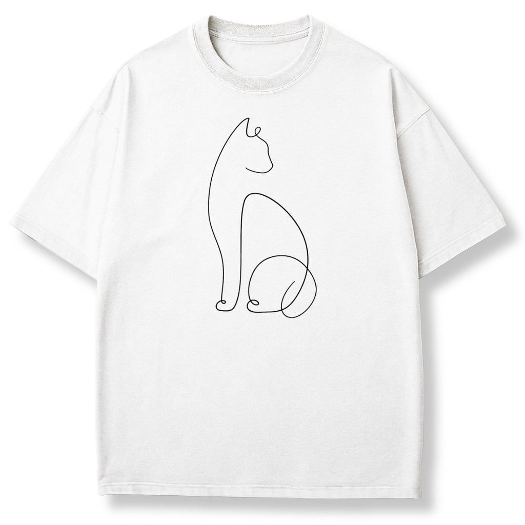 A white short-sleeve crewneck t-shirt featuring a minimalist black continuous line art graphic of a sitting cat on the front, displayed against a clean white background.