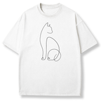 A white short-sleeve crewneck t-shirt featuring a minimalist black continuous line art graphic of a sitting cat on the front, displayed against a clean white background.