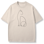 A light beige crewneck t-shirt featuring a minimalist black continuous line art drawing of a cat on the front, displayed against a clean white background.