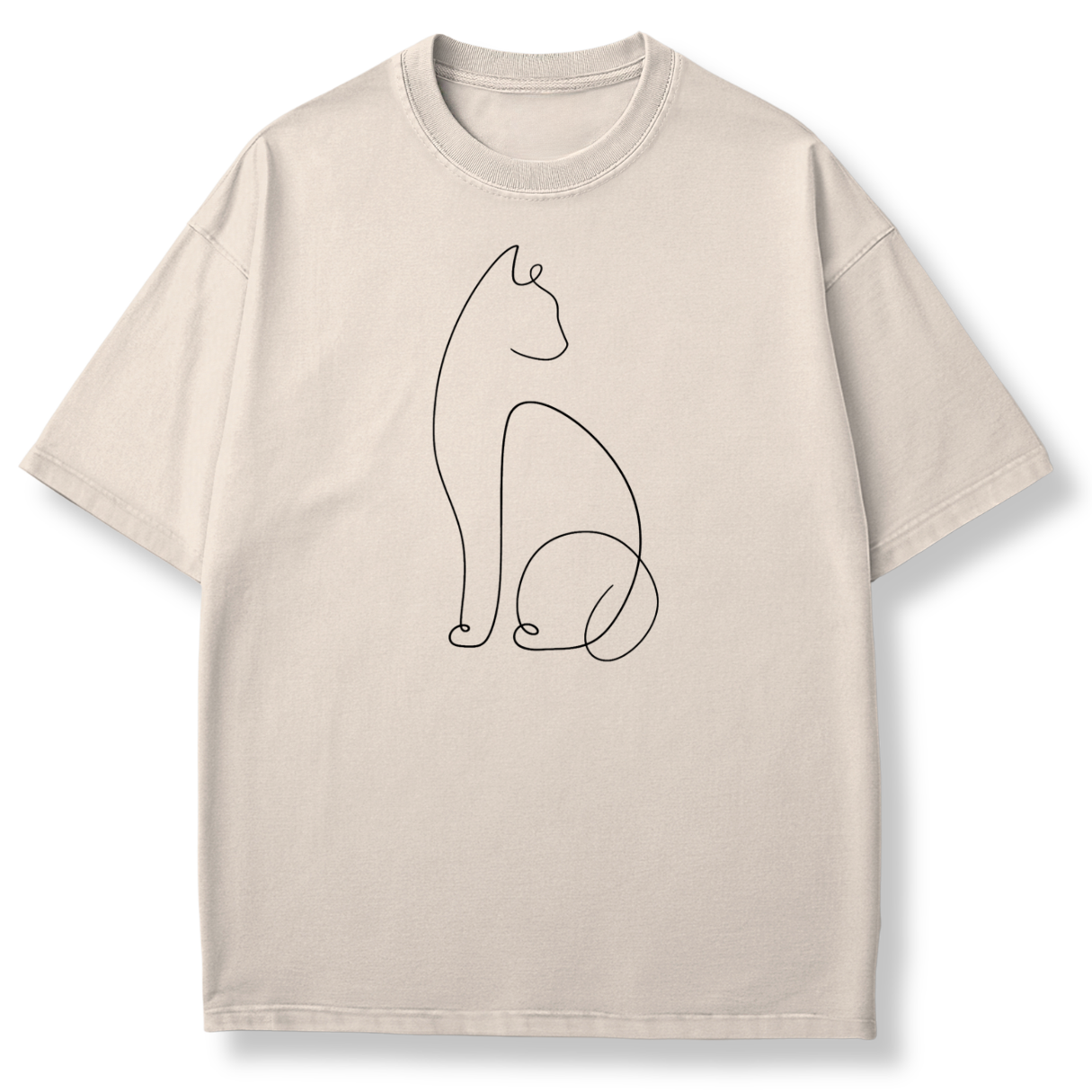 A light beige crewneck t-shirt featuring a minimalist black continuous line art drawing of a cat on the front, displayed against a clean white background.