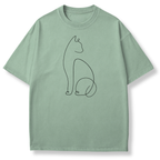 A sage green short-sleeve crewneck t-shirt featuring a minimalist black continuous-line drawing of a cat on the chest, displayed against a clean white background.