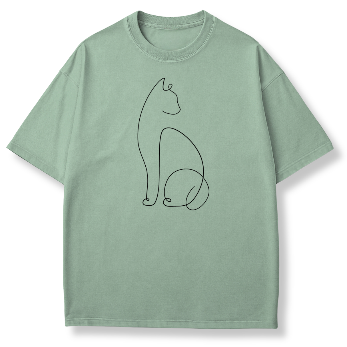 A sage green short-sleeve crewneck t-shirt featuring a minimalist black continuous-line drawing of a cat on the chest, displayed against a clean white background.