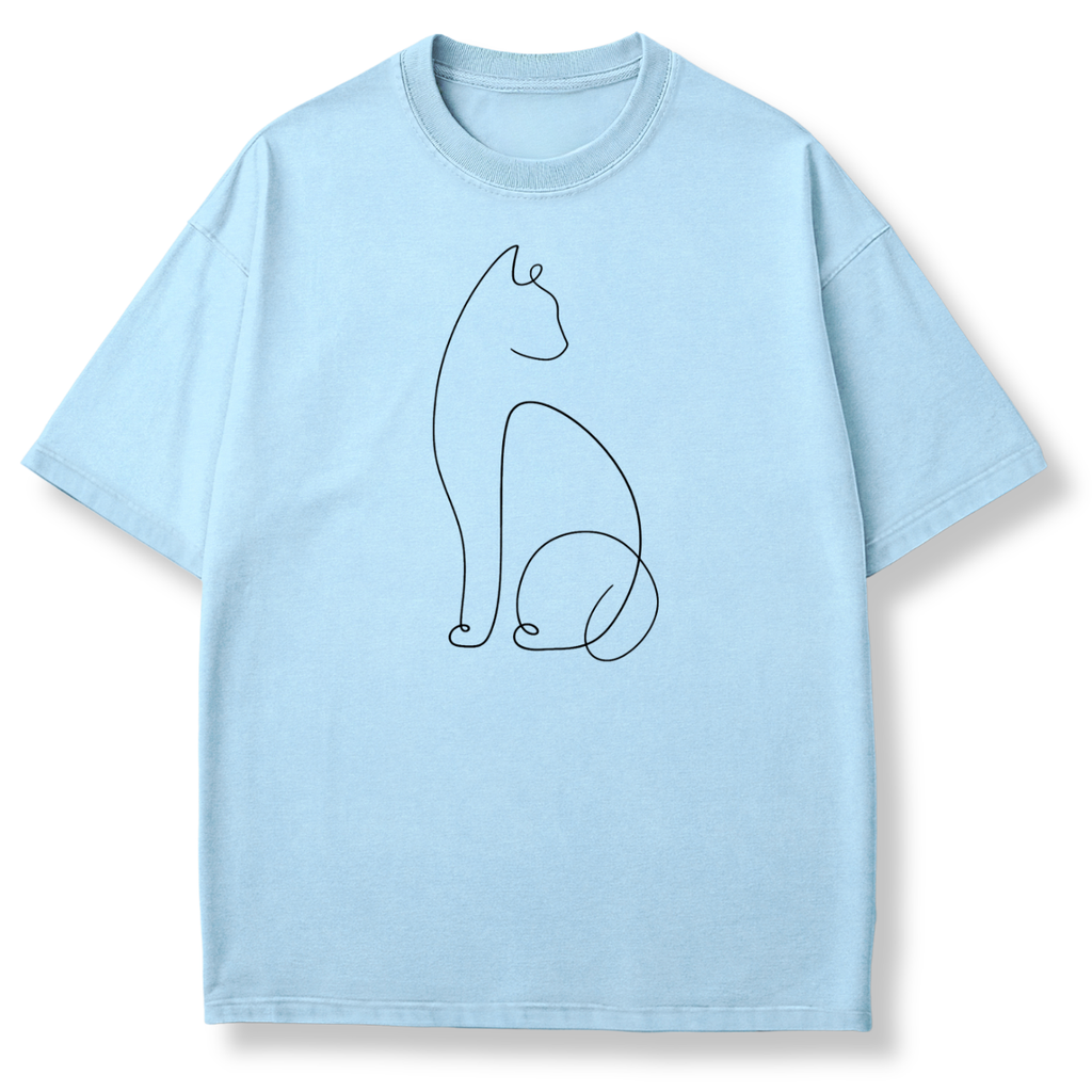 A light blue short-sleeve crewneck t-shirt featuring a minimalist black continuous-line cat graphic printed on the center chest, displayed against a clean white background.