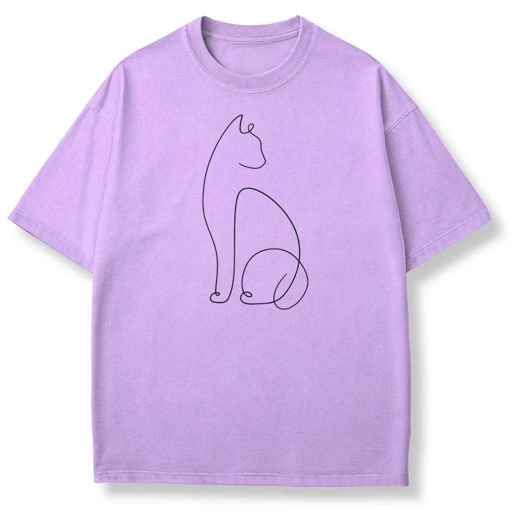 Purple  short-sleeve crewneck t-shirt featuring a minimalist black continuous-line cat graphic printed on the center chest, displayed against a clean white background.