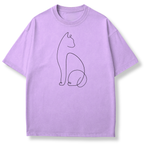 Purple  short-sleeve crewneck t-shirt featuring a minimalist black continuous-line cat graphic printed on the center chest, displayed against a clean white background.