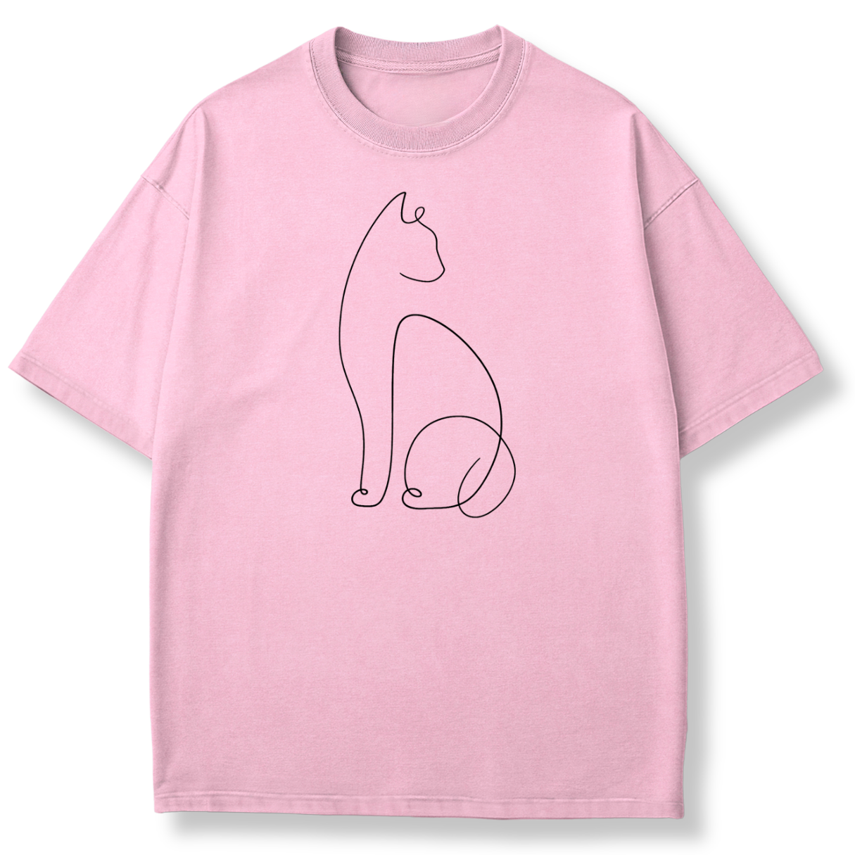 A light pink short-sleeve crewneck t-shirt featuring a minimalist black continuous-line drawing of a sitting cat on the front, displayed against a clean white background.